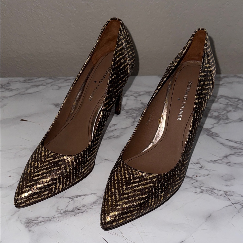 Donald J. Pliner Brown and Gold Pointed Toe Pumps